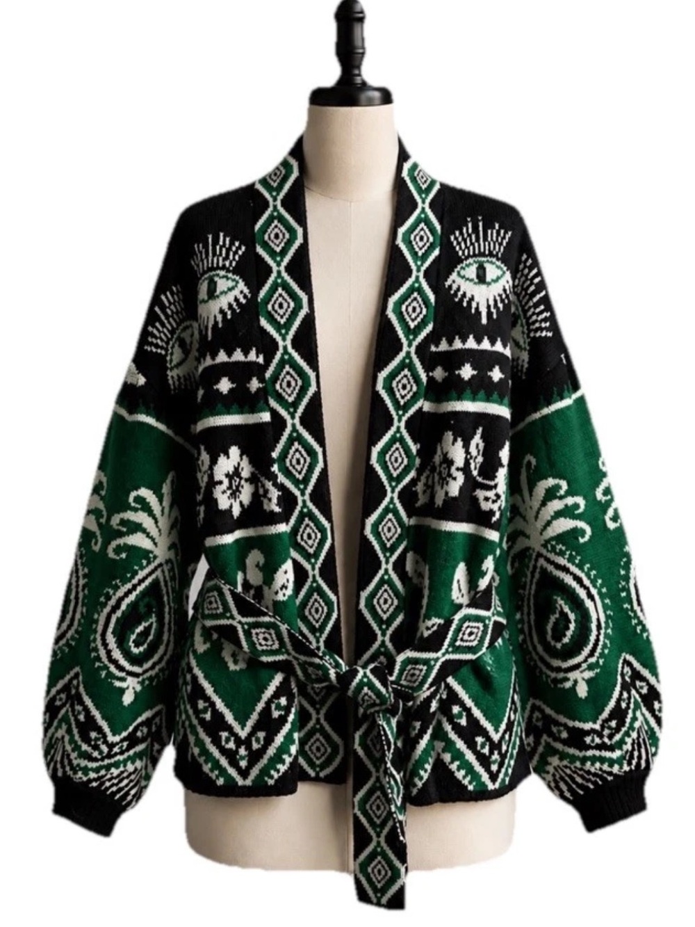 NWT Farm Rio Green & Black Mystic Scarf Cardigan W/Tie Waist Balloon Sleeves Lg.
